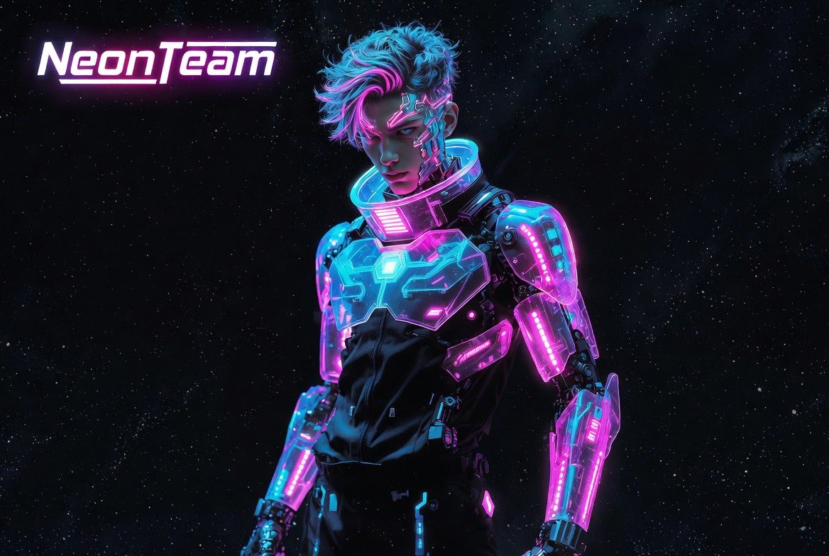 Cyberpunk χαρακτήρας με neon πανοπλία που εκφράζει την ταυτότητα της NeonTeam